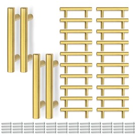 Bwintech 24 Pieces 100 mm (64 mm Hole Center) Gold Cabinet Pull Handles Kitchen T Bar Handles, Stainless Steel, Ideal for Cupboard, Drawer, Cupboard