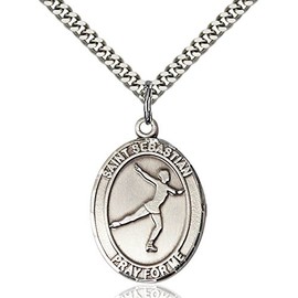 Bonyak Jewelry Saint Medal Collection Sterling Silver St. Sebastian/Figure Skating Penda 1 x 3/4 inches with Heavy Curb Chain
