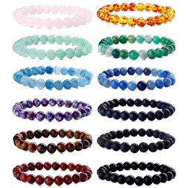 LOLIAS 12 Pcs 8mm Natural Beaded Bracelets for Women Men Natural Crystal Stone Bracelets Stretch Statement Protection Bracelet Charm Beaded Couples Bracelets Jewelry Gifts