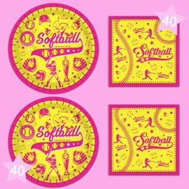 80 Pcs Softball Party Plates and Napkins for 40 Guests Softball Party Supplies Disposable Tableware Set Pink & Yellow Sports Paper Plates Napkins for Birthday Baby Shower, Sports Theme Party Supplies