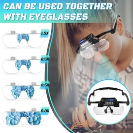 Magnifying Glasses with Lights,Rechargeable Hands Free Headband Magnifying Glasses for Close Work with 5 LEDs, 5X 3.5X 2.5X 1.5X Professional Jeweler's Loupe Lighted Magnifier for Handmade DIY Black