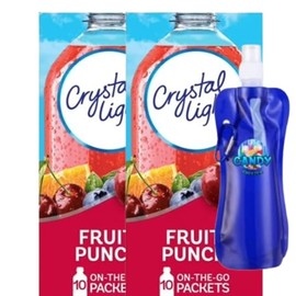 Candy Freezer Crystal-Light On The Go Drink Mix - Two (2) Pack of 10pck/0.13oz Pouches - Sugar-Free, Low-Calorie Refreshment Anytime, Anywhere and Candy Freezer Collapsible Water Bottle (2 Pack, Fruit Punch) - Bottle