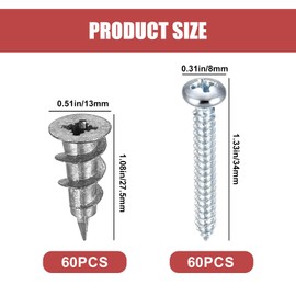 60 Pieces Plasterboard Dowels with 60 Pieces Self-Drilling Screws, Cavity Dowels, Metal Plasterboard Anchors, Hollow Wall Dowels with Screws for Fixing Concrete, Bricks, Plasterboard (Single Tip)