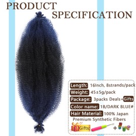 Extensiones de cabello Afro Twist, preestirado, elástico, preseparado, para trenzas suaves, Marley Twist, Afro Kinky Twist (16 pulgadas (paquete de 3), 1B/DKBLUE#)