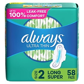 Always Ultra Thin Feminine Pads For Women, Size 2 Long Super Absorbency, With Wings, Unscented, 58 Count