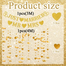 Just Married Banner Wedding Decoration Set - Golden Mr and Mrs Glitter Heart Garland Hanging Decorations, Just Married Decorations, Perfect for Bridal Shower Party Supplies