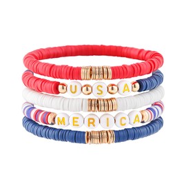 RISHEGAE American Flag Bracelets Heishi Beaded Stretch Bracelets for Women Stackable Polymer Clay Beads Bracelets Friendship Summer Beach Bracelets