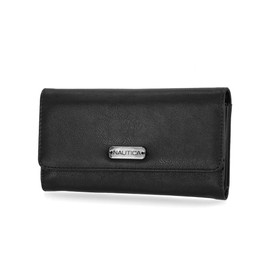 Nautica Money Manager Womens Slim Compact RFID Blocking Credit Card Holder Clutch Wallet Organizer with Zipper Coin Purse and Phone Compartment in Black (Buff)