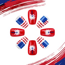 4th of July Press on Nails Short Coffin Fake Nails with Flower Stars Stripe Designs Silver Glitter Glue on Nails Red Blue Full Cover Glossy False Nails Independence Day Stick on Nails for Women 24 Pcs