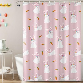 MelonBoat Easter Shower Curtain Set: Cute Easter Bathroom Shower Curtain with Hooks, Cartoon Easter Bunny Carrot Waterproof Fabric Bath Shower Curtain for Winter Bathroom Decorations Home Indoor Decor