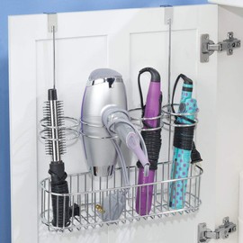 mDesign Metal Over Door Bathroom Hair Care & Styling Tool Organizer Storage Basket for Hair Dryer, Flat Irons, Curling Wands, Hair Straighteners - Hang Inside / Outside Cabinet Doors - Chrome