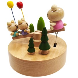 Bitopbi Wooden Music Box with Moving Seesaw - Mama Bear & 2 Little Bears with Balloons, Wind Up Musical Box Animated Home Decor, Soothing Melody for Stress Relief & Fun (5# Bears)