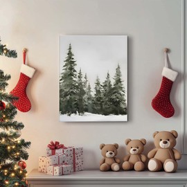 Snowy Evergreen Forest Canvas Print - Vintage Christmas Wall Art for Rustic Home Decor, Festive Farmhouse Winter Oil Painting Artwork, Cottagecore Xmas Dorm Living Room Decoration, Framed 11x14inch