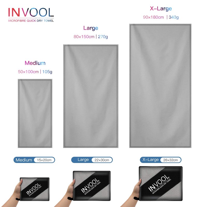 Invool Microfiber Towel, 5 colours (Grey) with carry bag -