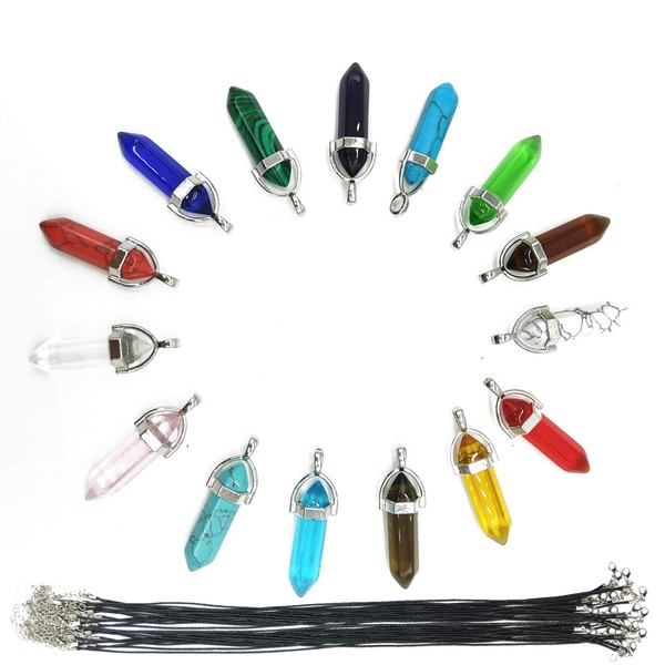 TIHOOD 30PCS/Set DIY Healing Pointed Chakra Beads Crystals Stone Random Color Beads Pendant for Pendant Necklace Jewelry Making with Black Leather Necklace Chain