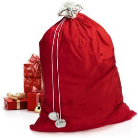 com-four® 2 x Premium Christmas Sack, Red Gift Bag for Filling, Christmas Bags with Pompoms & Secret as Decoration, Great Gift Packaging (2 Pieces Medium with Secret Santa)