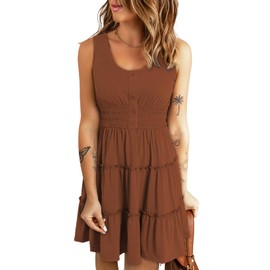 Dokotoo Women's Dresses Ruffle Sleeveless Dresses Resort Wear for Women 2025 Button Down Smocked Elastic Waist Solid Color Short Flowy Mini Babydoll Sun Dress Casual Beach Sundresses Brown X-Large
