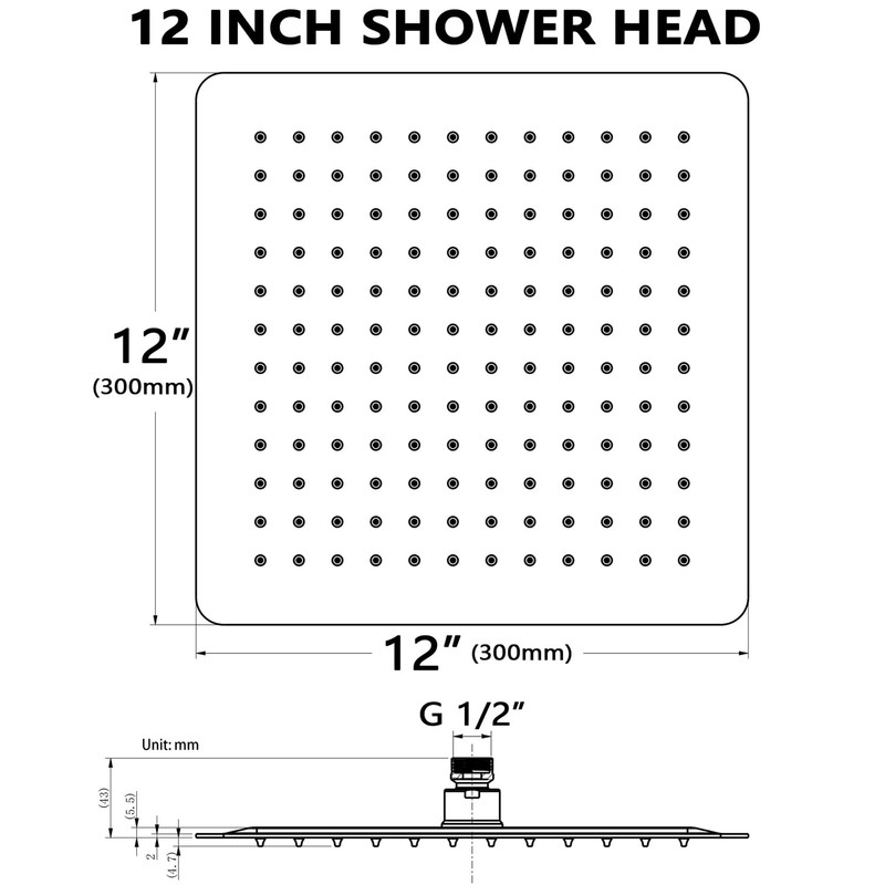 Rainfall Shower Head, BSTIIU 12 Inch Square Shaped Rain Shower