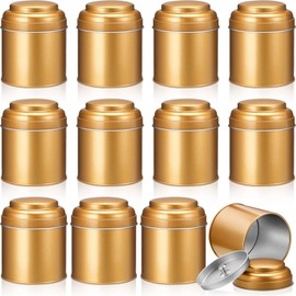 12 Pcs Tea Tin Canister with Airtight Double Lids 8 oz Round Tin Can Box Small Kitchen Tea Canister Loose Leaf Tea Storage Tea Containers for Loose Tea Bags Coffee Sugar Candy Spices (Bronze Gold)