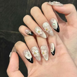 Handmade Press on Nails Almond French Tip Fake Nails with 3D Flower Designs False Nails Pink Glitter Acrylic Nails for Women 10pcs (Size M）