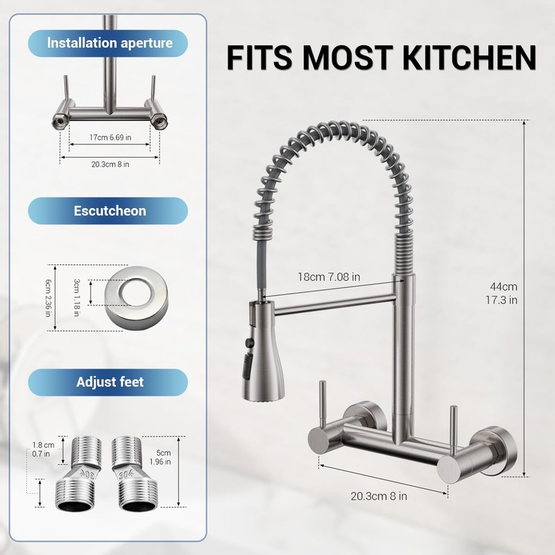 YUHUBY Wall Mount Kitchen Faucet with Pull Down Sprayer 3