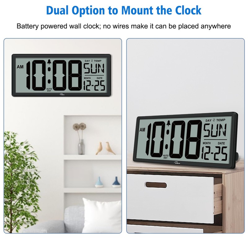 WallarGe Backlight Digital Wall Clock Battery Operated - with Temperature