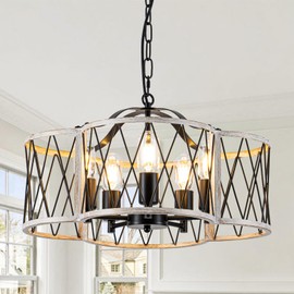 SYTPPLAN Modern Farmhouse Chandelier, 5-Light Rustic Dining Room Light Fixture Hanging, Industrial Pendant Light Chandeliers for Living Room Bedroom Kitchen Island Entryway Foyer Hallway, White Oak