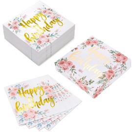 WRAPAHOLIC 50Pcs Gold Floral Happy Birthday Napkins - 3 Ply Disposable Paper Luncheon Napkin for Birthday Tableware Party Supplies - 6.5 x 6.5 In