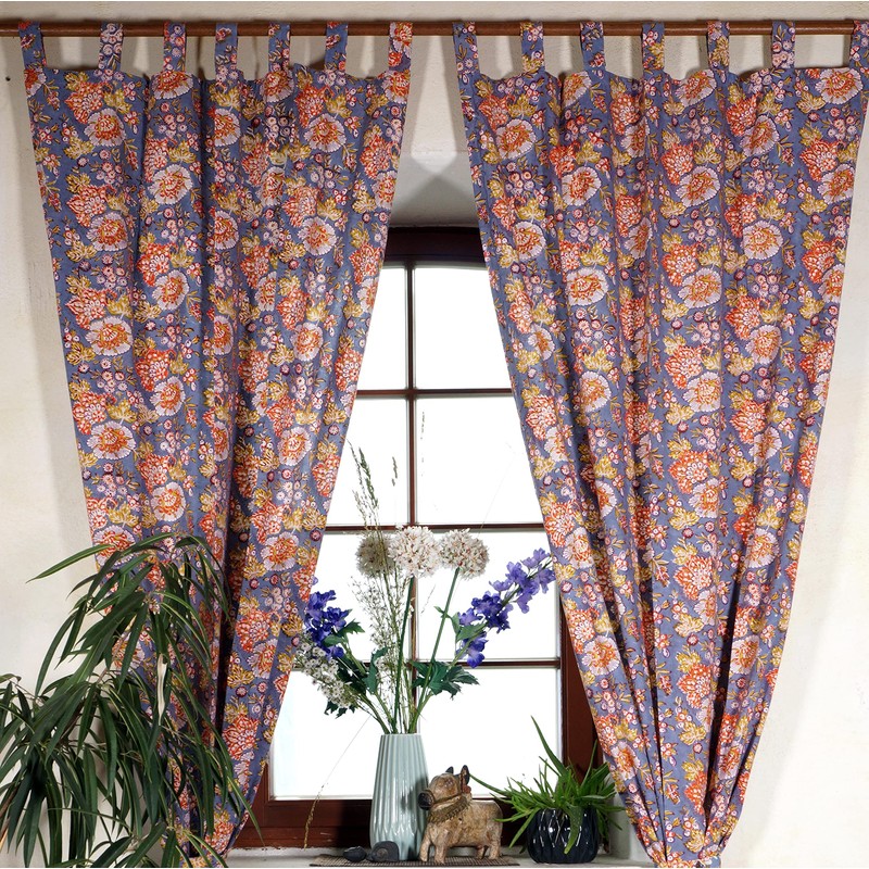 Boho Curtains (1 Pair) with Loops, Hand Printed Ethnic Style