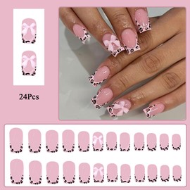 24Pcs French Tip False Nails Short - Press on Nails - Pink Leopard Print Fake Nails with Glue - Stick on Nails with Pink Bow - Full Cover Acrylic Square False Nail Tips for Women Girls Nail Art