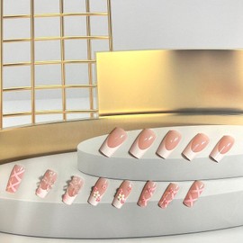 LOPMNGHT Press on Nails Long Square Bow Tie and Flower Design Pink White French Fake Nails Artificial Acrylic Nails Pearl False Nails Full Cover Reusable Coffin Nails Glue on Nails for Women 24Pcs