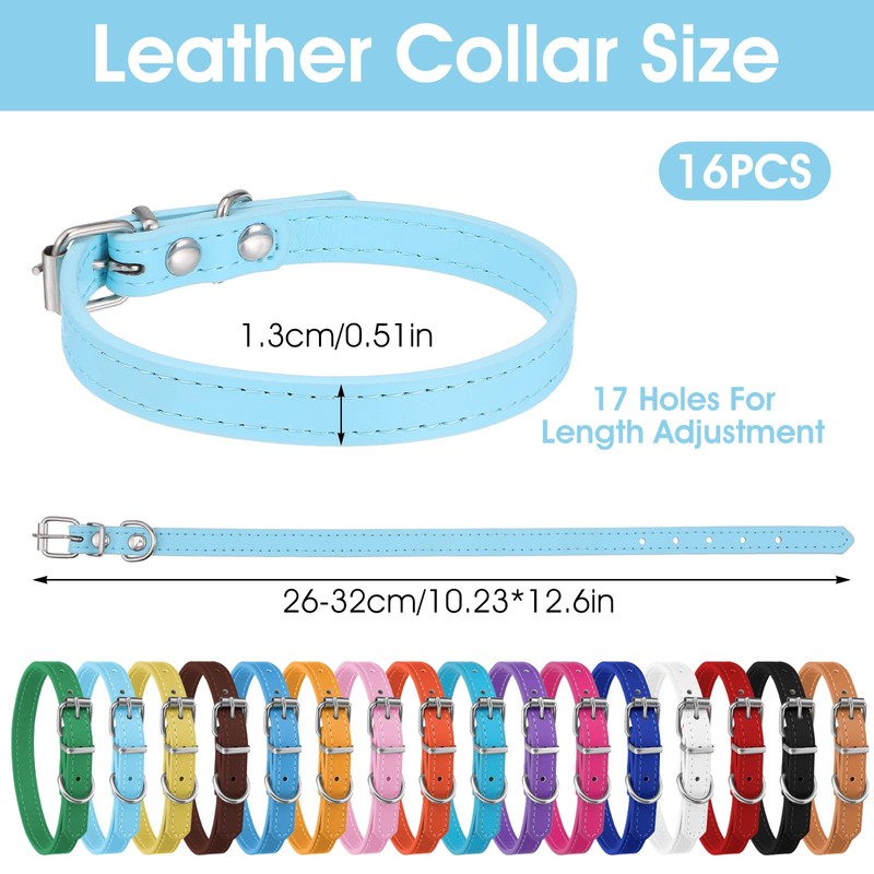 16 Pcs Puppy Leather Collars for Litter, 16 Color ID