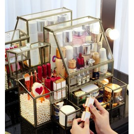 Glass Antique Brass Stackable Drawer Set Makeup Organizer for Vanity Antique Countertop Vanity Cosmetic Storage Box Mirror Glass Beauty Display