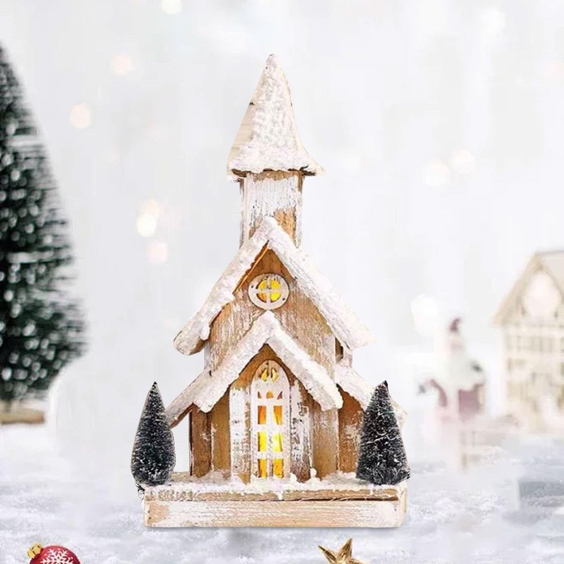 kokiya Christmas Wooden Lighted Snow Church Miniature Tabletop Decoration Xmas