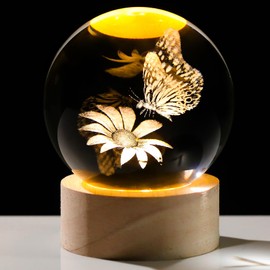 Enjinkail 3D Butterfly Flower Crystal Ball with Wooden Light Base Butterfly Gifts for Women Crystal Butterfly Flower Decor Butterfly Gifts for Mother's Day Birthday Valentine's Day Christmas