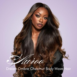 AUROO Chestnut Brown Ombre Body Wave 3 Bundles with 2x6 Hd Lace Closure Human Hair 18 20 22+16, 10A Bundles with Kim K Closure Long Deep Parting #T1B/2/30 3 Tone Medium Brown Colored Sew In Extension