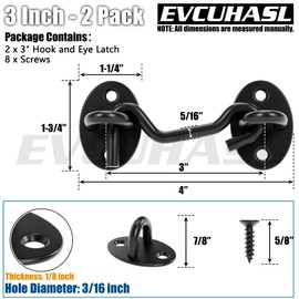 EVCUHASL 3 Inch Privacy Hook and Eye Latch, Black Iron Barn Door Lock Cabin Hooks, Eye Hook Latch for Gate Shutters Window Slide Barn Shed Cabinet, Sliding Door Lock Eye for Indoor Outdoor, 2 Pack