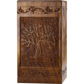 INTAJ Handcarved Wooden Cremation Urn for Human Ashes - Tree of Life Design, 250 lbs Capacity, Suitable for Adult Men and Women - Decorative Funeral Urn Box and Casket