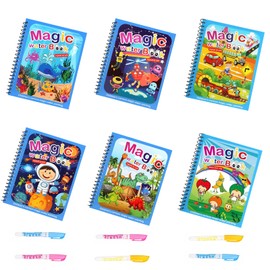 Magic Water Colouring Book 6 Pieces Water Colouring Books for Children Water Wow Colouring Book Reusable Magic Colouring Book with Water Pen Educational Doodle Painting Toy for Boys Girls (from 3