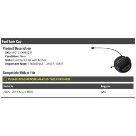Fuel Tank Gas Cap with Tether - Compatible with 2005-2011 Acura MDX Gas