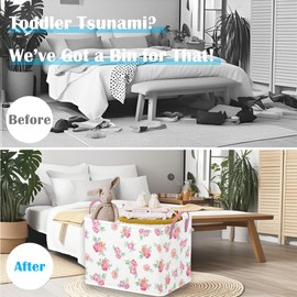 Runtoo Pink Flower Baby Basket Nursery Decor Rose Peony Boho Floral Baby Shower Decorations Girls Gift Basket Toddler Toy Box Laundry Hamper Closet Storage Bins