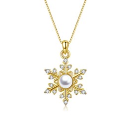Deyanse Silver Christmas Necklace for Women, 925 Sterling Silver Snowflake Pendant Necklace with White Pearl Zirconia, Hypoallergenic 45+5cm Gold Xmas Long Chain, Gift for Ladies Wife Mother Girls