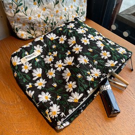 Large Makeup Bag for Women,Travel Cosmetic Bag Floral Make-up Pouch Portable Versatile Zipper Toiletry Storage Bags for Purse,Black Daisy