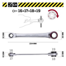 4 in 1 Ratchet Wrench with Through Ratchet Function | Ring Ratchet Wrench 10 13 17 19 mm Switchable 72 Teeth | Ratchet Ring Spanner from WGB