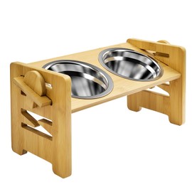 FoodieJoy Elevated Dog Bowls-Adjustable Raised Dog Bowls with Stand for Small Size Dogs and Cats, Sturdy Bamboo Dog Feeder with 2 Stainless Steel Bowls and Non-Slip Feet (Pet Feeder)