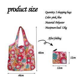 GVSAVY 2 Pieces of Reusable Shopping Bags, Eco-Friendly Flip Shopping Bags, Floral Pastoral Style Handbag, Foldable Carrying Bag, Suitable for Shopping, Grocery Shopping, Shopping, Work (Pink, Blue)