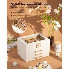 Vee Jewelry Box,4 Layer Jewelry Organizer,Jewelry Case with Glass Lid,for Necklaces, Earrings, Watches, Bracelets (4 Levels White)
