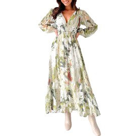 Sissyaki Women's Long Sleeve Boho Floral Maxi Dress Summer Fall Wedding Guest Dress Green Floral Print M