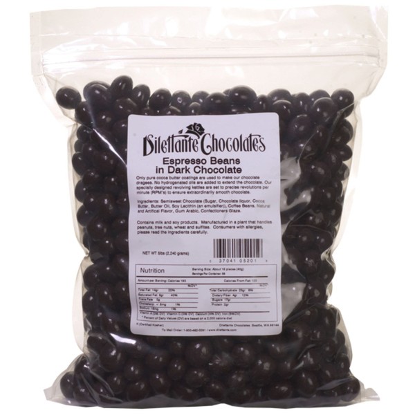 Bulk Dark Chocolate Covered Espresso Beans | 5lb Resealable Bag | Premium Quality Dark Chocolate | Large Bulk Size | Energizing Snacks Throughout the Day | By Dilettante Chocolates