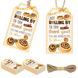 Serencatcher 50pcs Cinnamon Roll Themed Employee Appreciation Gift Tags, Just Rolling by to Say Thank You! You Are Appreciated So Much Favor Tag with String for Coworker Volunteer Teacher Appreciation